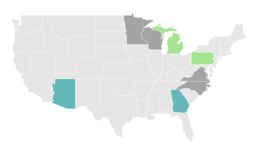 Map of swing states shaded by projected impact